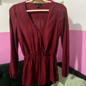 Forever 21 Women's Solid Red Long Sleeve V
Neck Romper Jumpsuit Burgundy